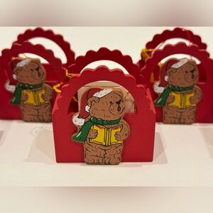 5 Vintage 1987 Wooden Red Christmas Bear Ornaments/Candy Gift Baskets